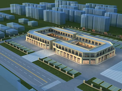 Modern Commercial Complex Architecture With Open Layout Glass Facade And Surrounding Greenery 3d model