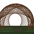 Arch Shaped Woven Branch Pergola with Trees Purple Flowers and People Running on Path