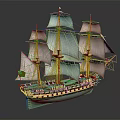 Detailed Sailing Ship Model With Multiple White Sails Yellow And Green Hull And Red Flag