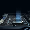 Advanced Circuit Board With Chips Wires And Blue Light Beam On Dark Background
