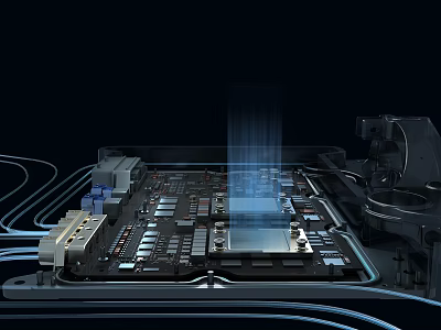 Advanced Circuit Board With Chips Wires And Blue Light Beam On Dark Background 3d model