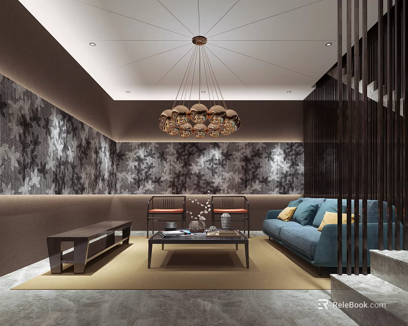 Elegant Hotel Public Lounge Interior With Golden Chandelier Blue Sofa Coffee Table And Textured Wall 3d model 