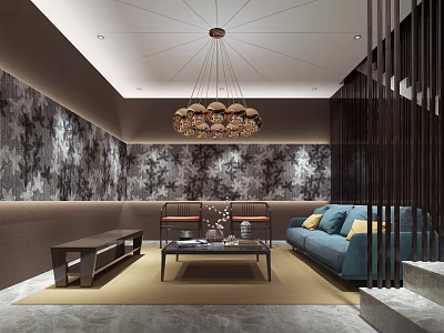 Elegant Hotel Public Lounge Interior With Golden Chandelier Blue Sofa Coffee Table And Textured Wall 3d model