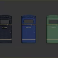 Three Different Colored Litter Bins with Litter Sign Dark Blue Blue and Green