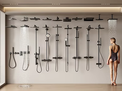 Various Stylish Shower Heads With Different Water Flow Designs Displayed In Modern Bathroom 3d model