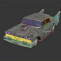 Rusted Vintage Car With Rocket Tail Fins And Colorful Windows Design