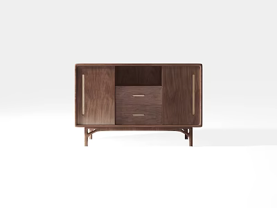 Modern Walnut Wood Entryway Console Cabinet With Metal Handles And Storage Drawers 3d model