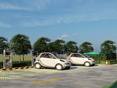 Electric Vehicle Parking Lot With Charging Stations And Green Trees Under Blue Sky 3d model
