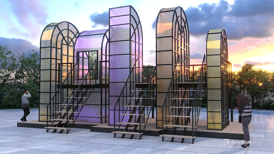 Modern Outdoor Playground Equipment With Colorful Glass Arch Structures Metal Frames And Stairs 3d model 