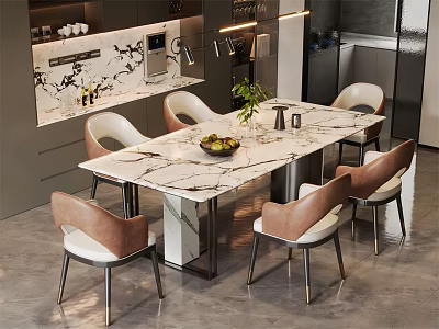 Elegant Modern Restaurant Interior With Marble Dining Table Chairs And Decorative Plant 3d model