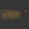 Military Battle Tank with Yellow Insignia Smoke Clouds Explosion Flames on Red Ground
