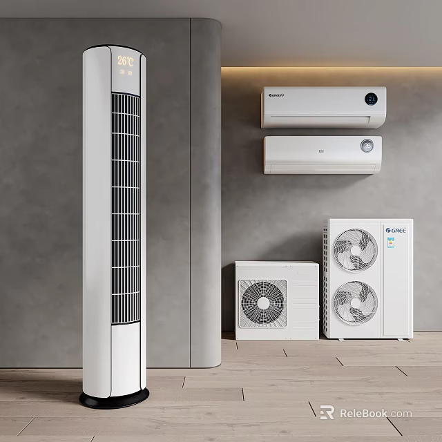 Modern White Air Conditioner And Fan Setup In Interior Living Space 3d model 