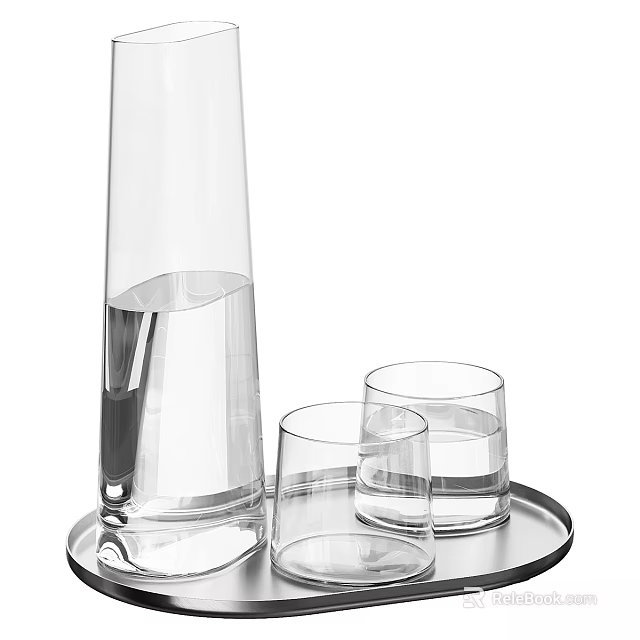Transparent Glass Tableware Set With Water Carafe Two Drinking Glasses And Serving Tray 3d model 