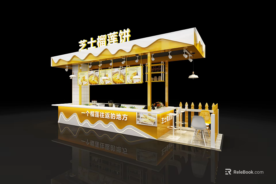 Yellow White Mall Shop For Cheese Durian Pancake With Counter And Display Decor 3d model 