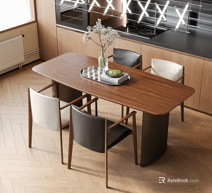 Modern Wooden Table and Chair Set with Gray White Chairs Vase Tray in Kitchen Area 3d model 