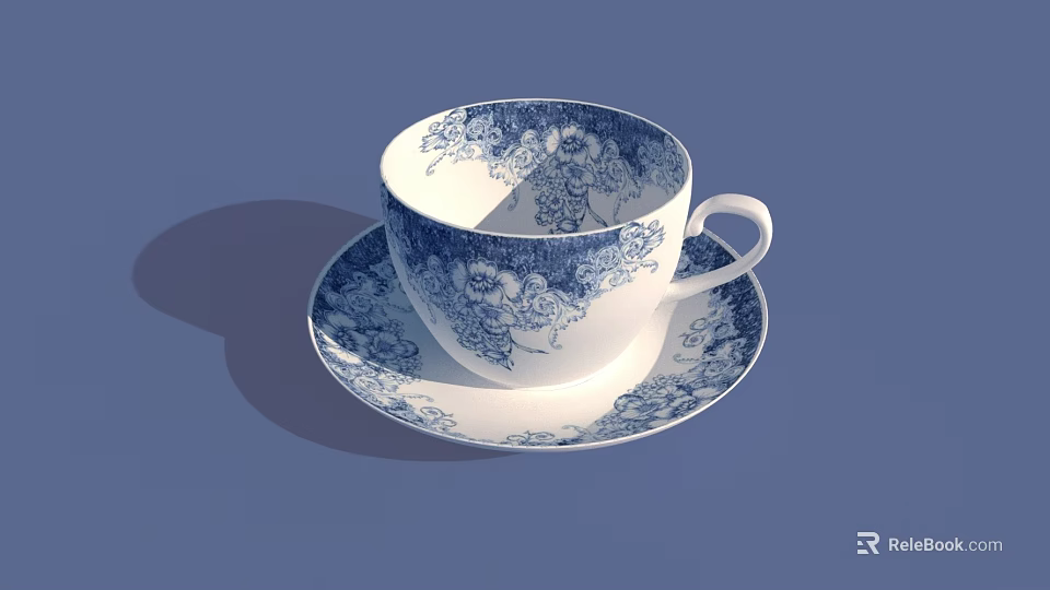 Blue and White Floral Patterned Teacup with Saucer Decorative Tableware Set 3d model