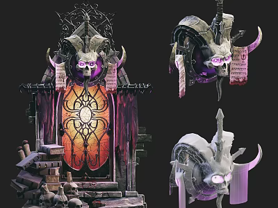 Gothic Style Scene Components With Decorative Door Spires Skull Elements Intricate Patterns Purple Orange Hues 3d model