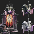 Gothic Style Scene Components With Decorative Door Spires Skull Elements Intricate Patterns Purple Orange Hues