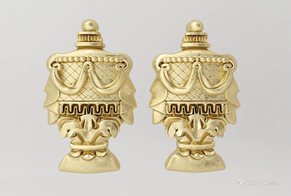 Two Golden Elegant Carving Decorative Sculptures With Symmetrical Ornate Patterns 3d model 