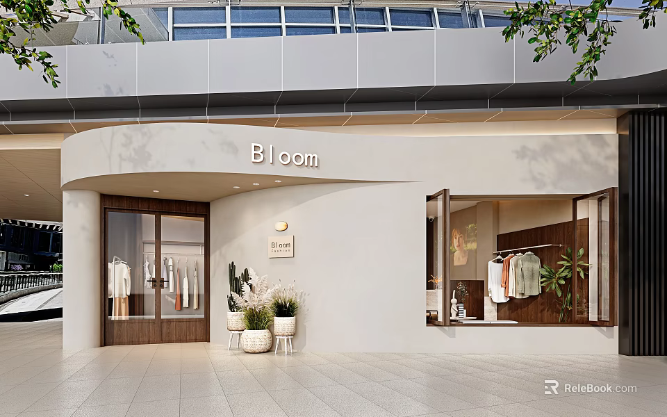 Modern Minimalist Bloom Clothing Store Exterior With Garment Display And Delicate Potted Decorations 3d model 