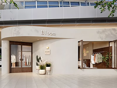 Modern Minimalist Bloom Clothing Store Exterior With Garment Display And Delicate Potted Decorations 3d model