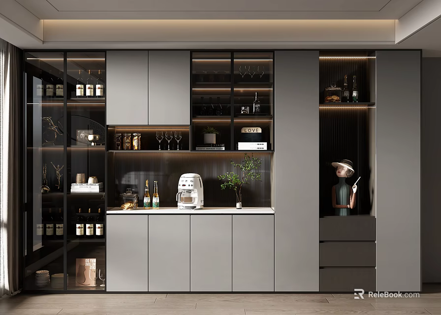 Modern Wine Cabinet Interior Design With Glass Doors Wine Bottles And Wine Glass Storage 3d model 