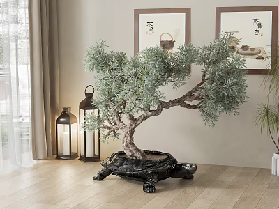 Lush Pine Bonsai Tree in Black Turtle Shaped Pot with Traditional Paintings and Lantern Decorations 3d model