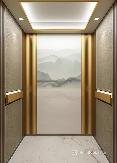 Elegant Chinese Style Elevator Interior With Golden Strips And Landscape Painting 3d model 