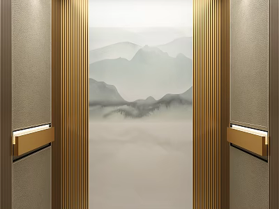 Elegant Chinese Style Elevator Interior With Golden Strips And Landscape Painting 3d model