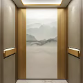 Elegant Chinese Style Elevator Interior With Golden Strips And Landscape Painting