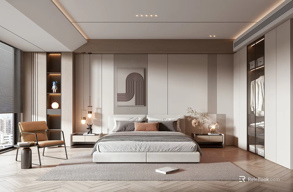 Elegant Modern Bedroom Interior With King Size Bed Decorative Wall Art And Patterned Area Rug 3d model 