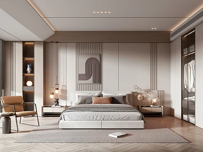 Elegant Modern Bedroom Interior With King Size Bed Decorative Wall Art And Patterned Area Rug 3d model