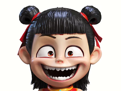Carved Cartoon Character Sculpture with Double Bun Red Ribbons Big Eyes Smiling Expression Red Outfit 3d model