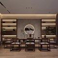Traditional Tea Room Interior Design With Wooden Table Benches And Hanging Lights