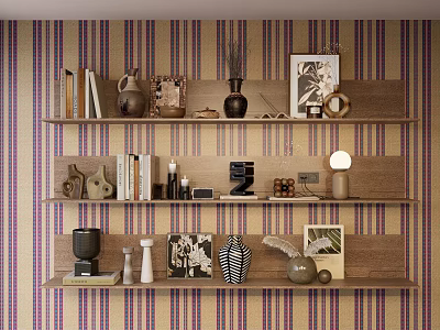 Sculpture Carvings Displayed On Wooden Shelves With Striped Wallpaper And Decorative Items 3d model