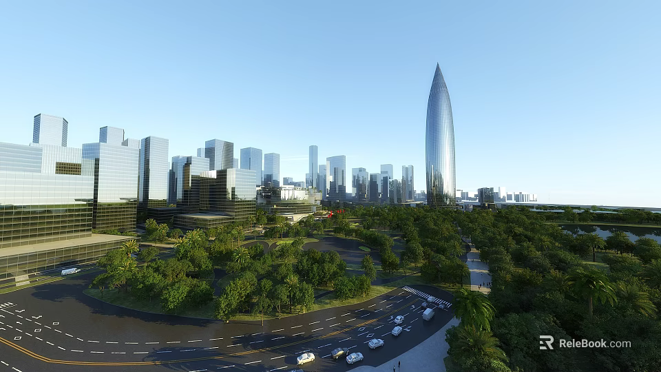 Modern Swing Door Design In Urban Cityscape With High Rise Buildings And Green Areas 3d model 