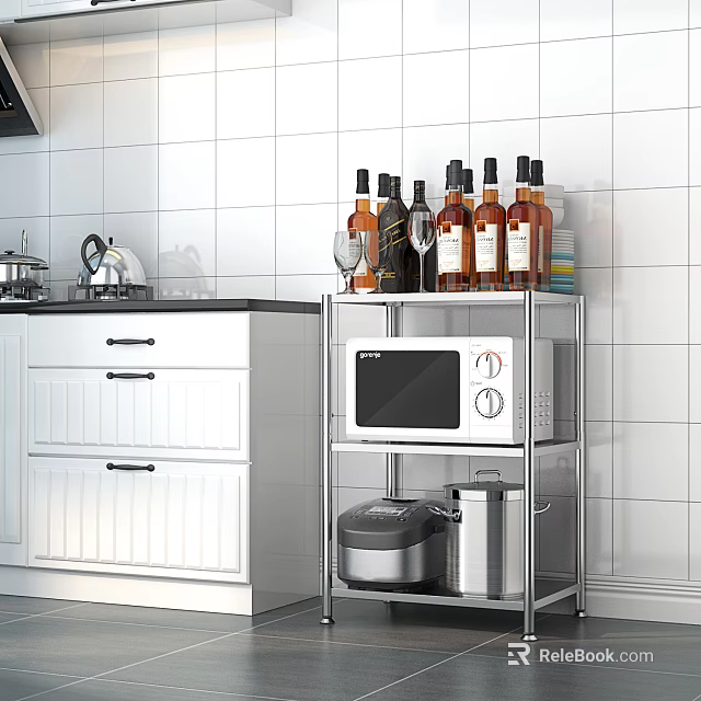 Kitchen Interior With Wine Bottles And Glasses On Metal Shelf Alongside White Cabinets And Appliances 3d model 