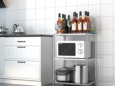 Kitchen Interior With Wine Bottles And Glasses On Metal Shelf Alongside White Cabinets And Appliances 3d model