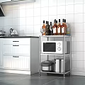 Kitchen Interior With Wine Bottles And Glasses On Metal Shelf Alongside White Cabinets And Appliances
