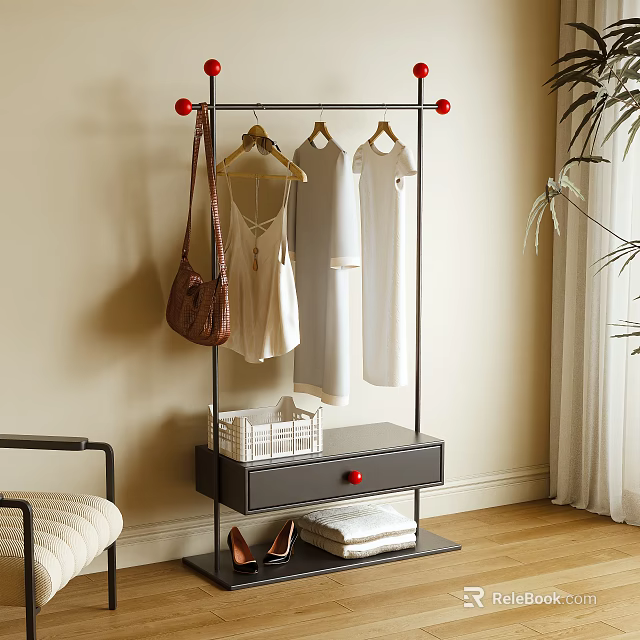 Modern Metal Clothes Hanger Stand With Hanging Dresses Handbag Drawer Red Knobs Shoes 3d model 