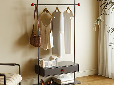 Modern Metal Clothes Hanger Stand With Hanging Dresses Handbag Drawer Red Knobs Shoes 3d model