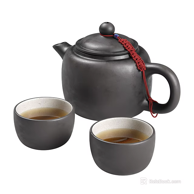 Black Tea Set with Red Tassel Decorated Teapot and Two Black Teacups Filled With Tea 3d model 