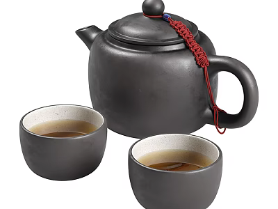 Black Tea Set with Red Tassel Decorated Teapot and Two Black Teacups Filled With Tea 3d model
