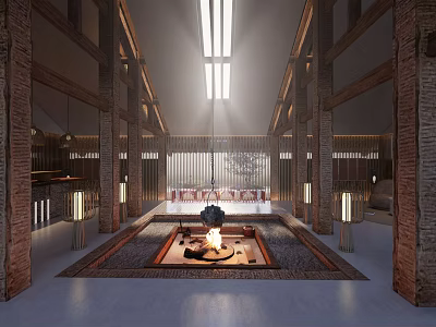 Hotel Lobby Interior With Wooden Beams Skylights Central Fire Pit And Lanterns 3d model