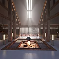 Hotel Lobby Interior With Wooden Beams Skylights Central Fire Pit And Lanterns