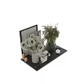 Elegant Ceramic Vessels Display With Green Plants White Flowers And Decorative Clock On Shelf