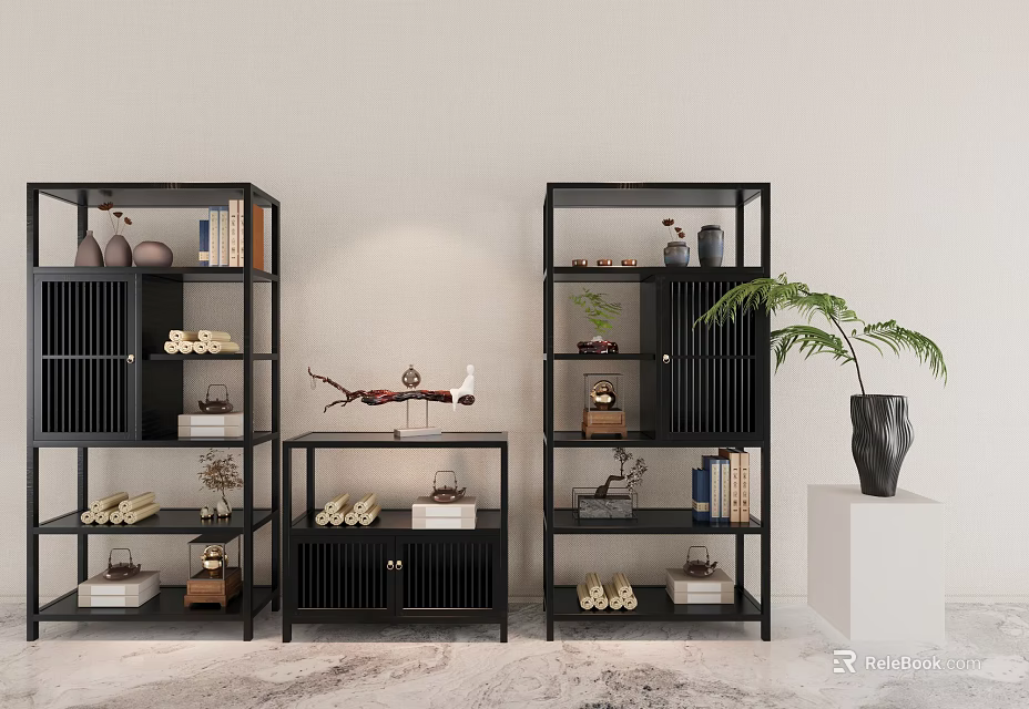 Modern Black Multi tiered Display Shelf With Decorative Books Ornaments And Green Plant 3d model 