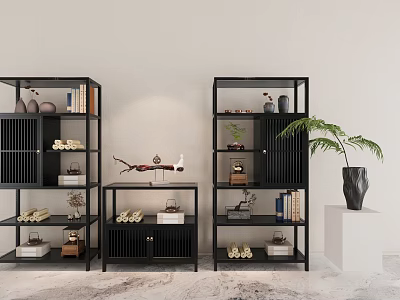 Modern Black Multi tiered Display Shelf With Decorative Books Ornaments And Green Plant 3d model