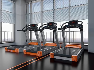 Modern Commercial Fitness Treadmills With Orange Black Design In Spacious Gym Room 3d model
