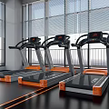 Modern Commercial Fitness Treadmills With Orange Black Design In Spacious Gym Room